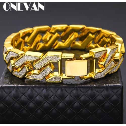 Mens Fashion Hip Hop Sand Blast Bracelet Gold Silver Color Tone Heavy Cuban Chain Bracelets Punk Style Iced Out Cool Jewelry
