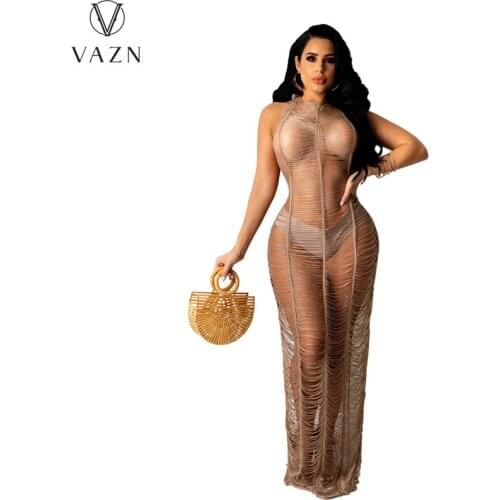 VAZN 2021 New Elegant Lady Formal Mesh Fabric See Through Sleeveless Solid Sexy Regular Dress Special Sexy Women Dress