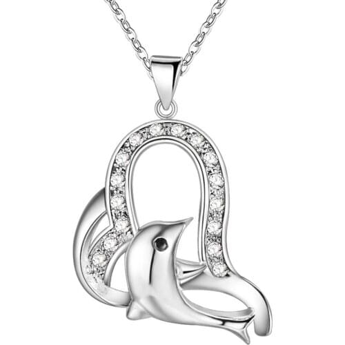 Wholesale Charm Silver Color Pendants For Women Fashion Jewelry Necklace Lady Fashion Jewelry Pendant Dolphin Heart Stone AN678