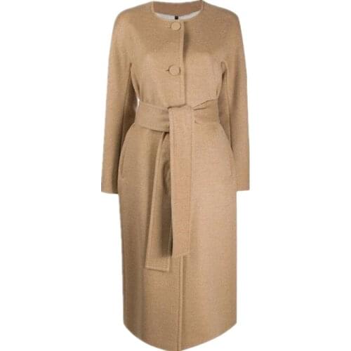 Autumn winter fashion o-neck woolen coat women single breasted ol wool blebds overcoat with belt