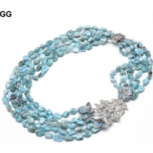 GG Jewelry Natural 5 Strands Blue Larimar Freeform Shape Multi Strands Necklace 18" CZ Connector Handmade For Women