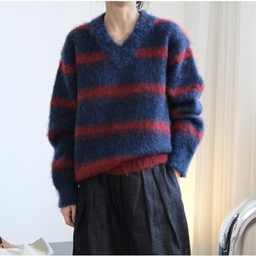 Elegant Blue Striped Print Oversized Pullovers Women Winter V-Neck Loose Long Sweaters Streetwear Wool Warm Outerwear 2021