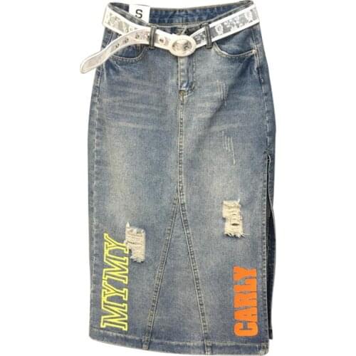 Plus size 3XL !spring autumn fashion high waist denim skirt hole printing color letters side split knee-length jeans skirt