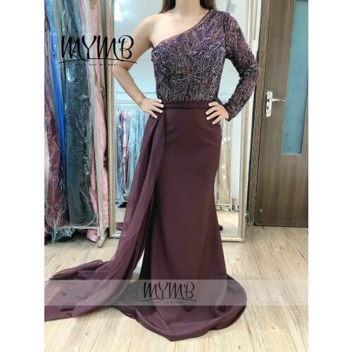 Luxury Long Sleeve One Shoulder Beading Tulle Purple Dress Party Night Dubai Fashion Women Evening Dress 2021 Collection MY41100