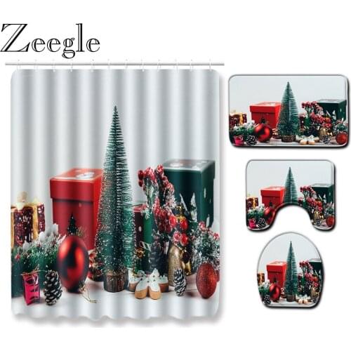 Christmas Bathroom Curtain Waterproof Shower Curtain Non-slip Bath Mat Set Absorbent Toilet Pedestal Rug Batnroom Shower Doormat