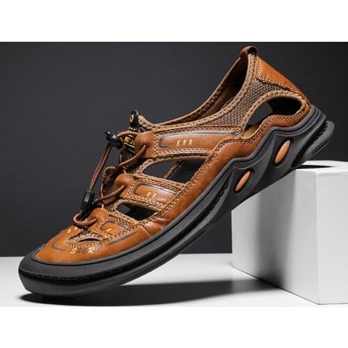 SHENCE Summer Men Genuine Leather Sandals Hollow Mesh Fashion Man Hiking Trail Runing Beach Walking Shoes Tennis Sports Sandals