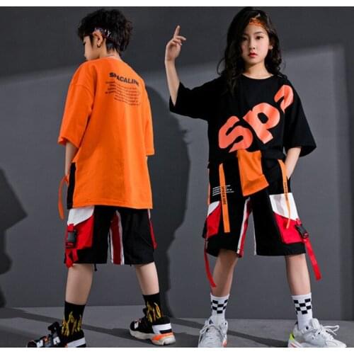 ChildrenS Hip-Hop Costume Boys Summer Girls Drum Jazz Performance Clothing Loose Short Sleevd Shorts Street Dance Wear DQS7139