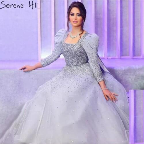 Grey Crystals Evening Dress 2021 Puffy Shoulder Luxury A Line Formal Women Elegant Gown Serene Hill BLA71368