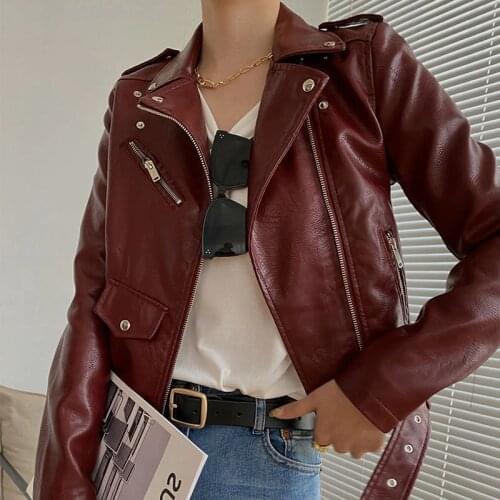 Vintage Wine red Slim Long-sleeve Short PU Leather Jacket Women Spring Autumn New Korean Fashion Motorcycle Leather Biker Jacket
