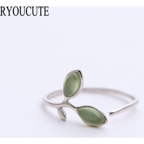 New Arrivals Silver Color Opal Green Leaf Rings for Women Adjustable Finger Rings Fashion Wedding Jewelry