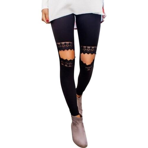 Hot Sale Women Floral Hollow Out Black Skinny Leggings