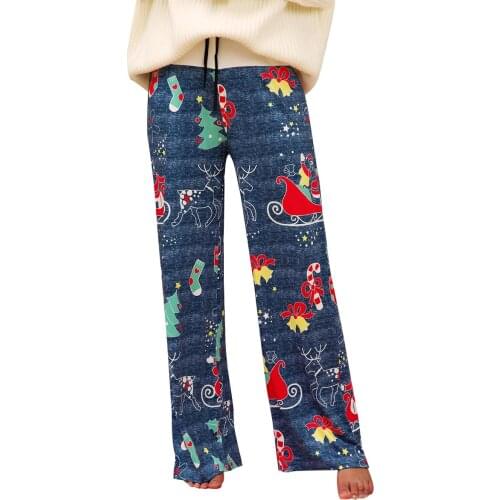 Womens Comfy Christmas Pajama Pants Lady Girls Xmas Floral Drawstring Palazzo Lounge Pants Wide Leg Loose Sleepwear Pants
