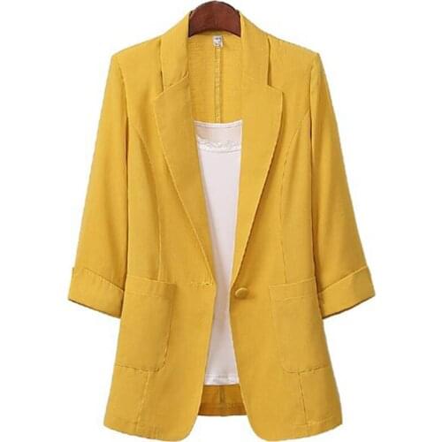 Womens Korean Style Linen Notched Three Quarter Sleeve Long Blazers Female Autumn Casual Office Loose Oversize Top Outwear Coat