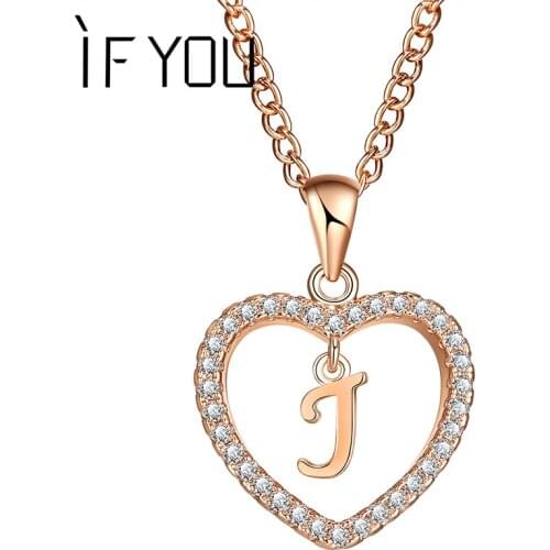 IF YOU Romantic Gold Color CZ Love Heart Crystal Pendant Letter Necklace Charms Women 26 Capital Letters J B K Statement Jewelry