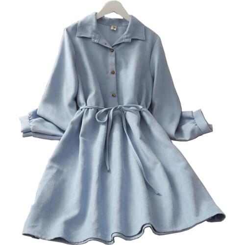 2021 Spring and Autumn Casual Womens Bow Tie Lace High Waist Button Mid-length A-line Long Skirt Polo Collar Long Sleeve Dress