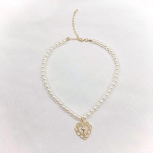 Vintage Cross Heart Pendant Imitation Pearls Choker Necklace for Women Gold Color 2020 Fashion Jewelry Clavicle Chain Necklaces