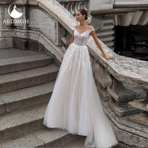 Aedmgh A-Line Beach Wedding Dresses 2021 O-Neck Sleeveless Pearls Vestido De Novia Lace Appliques Sequined Tulle Robe De Marige