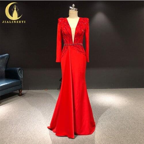 Rhine Real picture Long Sleeves V Neck beads Mermaid платья женские dress women evening dress long formal dresses
