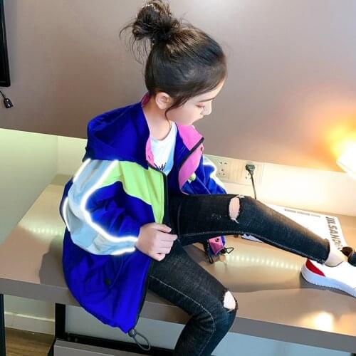 2020 Fashion Kids Girls Clothes Autumn Hooded Coats Tops 4 5 6 7 8 9 10 11 12 13 Years Outerwear Reflective Mixed Colour jacket