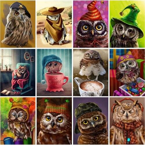 5D Full Round Diy Diamond Painting Animal Owl with Hat Mosaic Embroidery Bird Cross Stitch Kits Home Decoration Wall Stickers