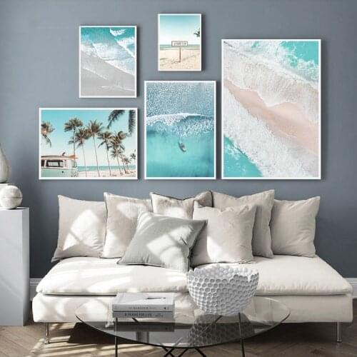 Bus Sea Beach Girl Palm Tree Landscape Wall Art Canvas Painting Nordic Posters And Prints Wall Pictures For Living Room Decor