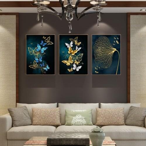 Butterfly Blue Gold Canvas Paintings Wall Art Posters and Prints Modern Nordic Poster for Living Room Home Wall Cuadros Decor
