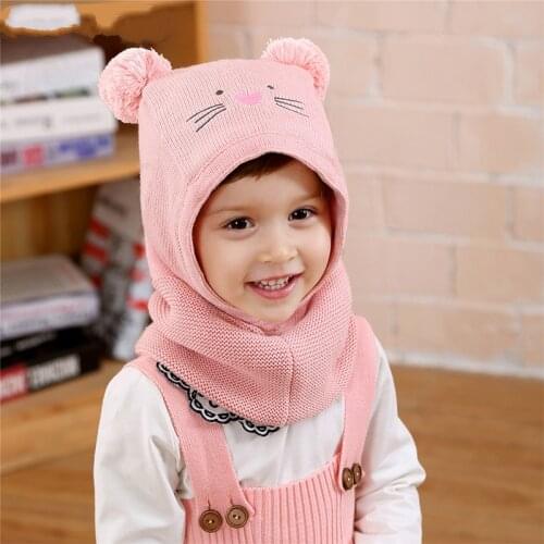 Baby hat Winter Warm Knit Baby bonnet Girls and Boys Pompom Hat scarf Warm Fleece Lining Cute Bear Ears Hats for Kids