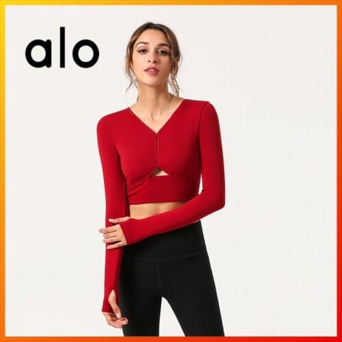 Alo Yoga Sexy Women Long Sleeve Sports Crop Top Thumb Hole Fitness Running Quick-Drying Breathable Tight Yoga Clothes