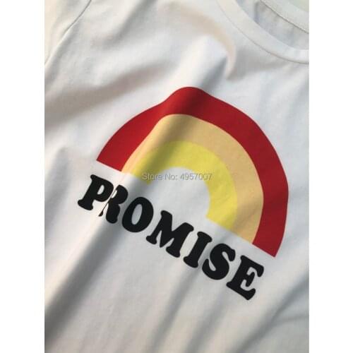 Cotton Rainbow & Promise Letter Print T Shirt - 2019ss Women French Style Round Neck Short Sleeve Tees Top