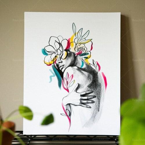 Art print decorative woman figure body sketch flower line drawing art