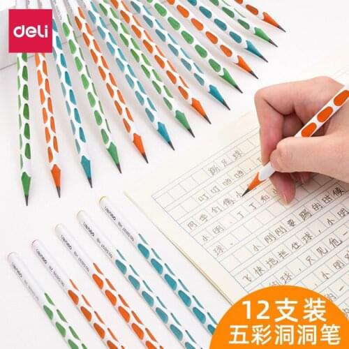 12 pieces / box Deli 58197 color log advanced graphite HB hole pencil, posture correction writing pen, student stationery