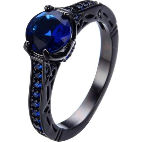 Classic Female Bule Crystal Stone Ring Charm Black Gold Color Zircon Ring Luxury Wedding Band Engagement Rings For Women Men