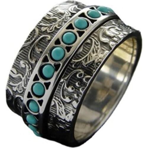 Retro Carved Relief Pattern Turquoises Men Rings Silver Color Personality Wide Ring for Male Fashion Punk Party Jewelry Gifts