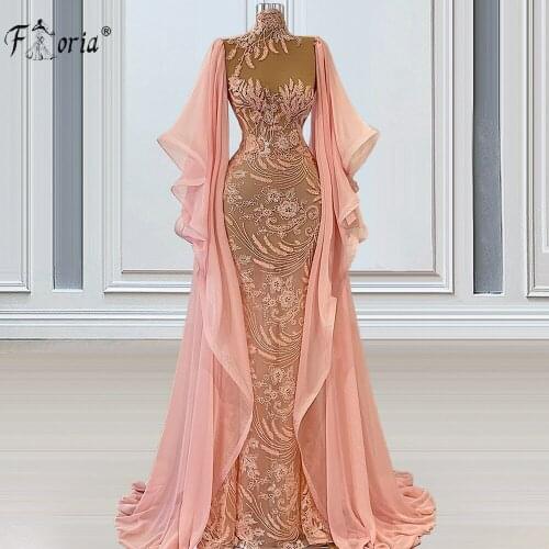 Dubai Applique Lace Evening Dress Mermaid High Neck Ruffles Long Pageant Dresses Beaded Tulle Formal Gown robe de soiree