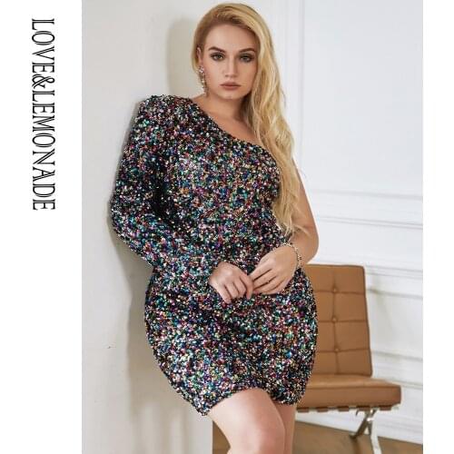 LOVE&LEMONADE PLUS SIZE Black Off-Shoulder Single Sleeve Bodycon Elastic Sequins Party Mini Dress LM82093PLIS