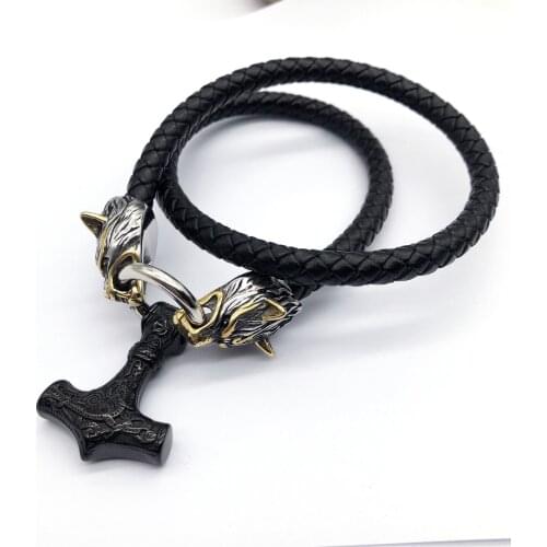Hammer Mjolnir Dragon Pendant Necklace Stainless Steel Leather Rope Men Jewelry Norse Viking