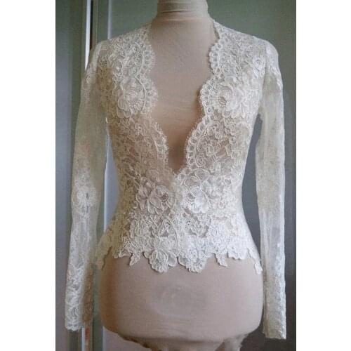 2021 New V Neck Wedding Lace Appliques Jackets Bridal Boleros Wraps Cape Long Sleeve White Ivory Custom Made Jacket
