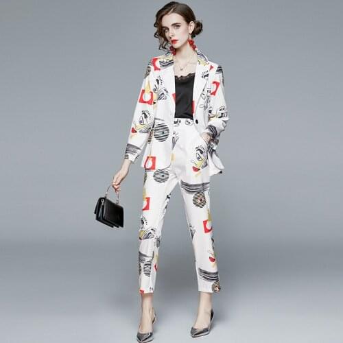 Autumn Occupation Women Runway Colorblock Print Suit Fashion Notched Blazer Jacket+High Elastic Waist Straight Pant 2 Piece Set