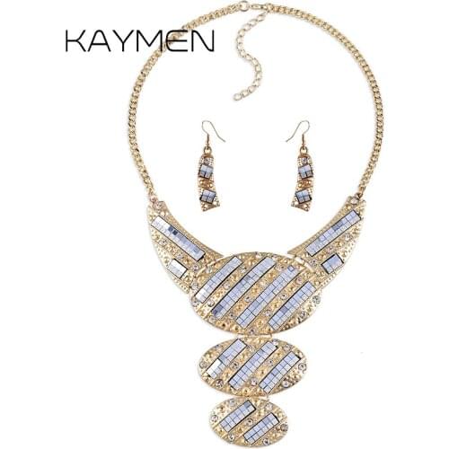 KAYMEN Zinc-alloy Golden Plated Inlaid Rhinestones 3 Ovals Pendant Necklace for Girls Punk Style Statement Necklace Chokers