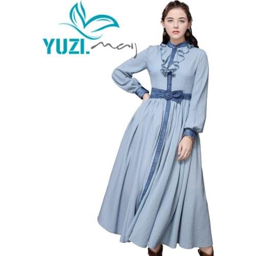 Dress Women 2020 Yuzi.may Boho New Cotton Dresses Female Stand Collar Long Sleeve Single Breasted Denim Belted A82211 Vestidos
