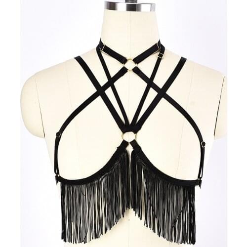Punk Sexy Bra Body Cage Harness Woman Tassel Bohemia Elastic Belt Black Open Chest Lingerie Gothic Bondage Body Harness Cage Bra