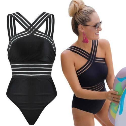 Sexy Patchwork Swimsuit Black Striped One Piece Cross Shoulder Straps Bikini Bandage Push Up e Romper Bathing Suit S-XXL