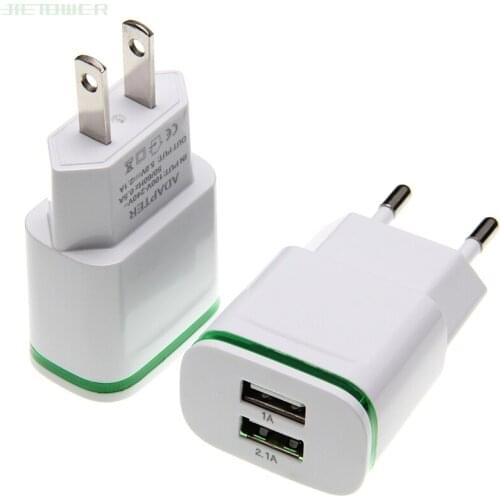 100pcs/lot EU US Plug 5V 2A 2 USB Ports Phone Fast Charging Wall Power Adapter LED Light USB Charger Cable for IPhone 7 8 Ipad