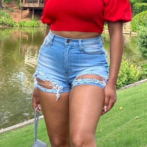 Cotton Hole High Waist Casual Denim Shorts Women Sexy Ripped Straight Leg High Stretch Streetwear 2021 New Lady Jeans Shorts