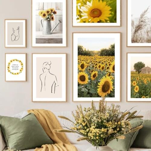 Nordic Posters And Prints Sunflower Sunset Meadow Vase Nude Lines Reeds Wall Art Canvas Painting Decor Pictures For Living Room