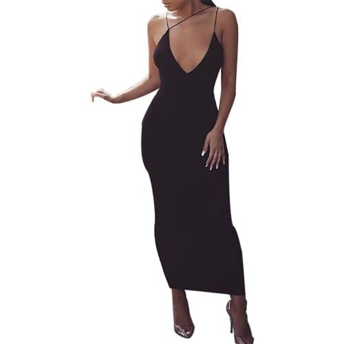 Sexy Deep V Slim Fit Maxi Dress Womens Summer Cllub Tight Dress Solid Color V-Neck Halter Strap Long Dress One-Piece Robe Femme