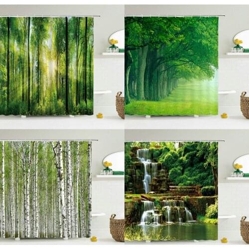 Modern 3D Printing Forest Shower Curtain Green Plant Tree Landscape Bath Curtain with Hooks for Bathroom Waterproof Scenery
