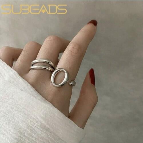 Subeads 925 Sterling Silver Irregular Double Layer Circle Opening Ring Smooth Geometry Adjustable Ring For Women Party Jewelry