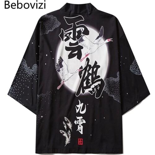 Bebovizi Chinese Style Traditional Kimono Jacket Harajuku Crane Print Clothing Summer Men Women Loose Japanese Haori Yukata