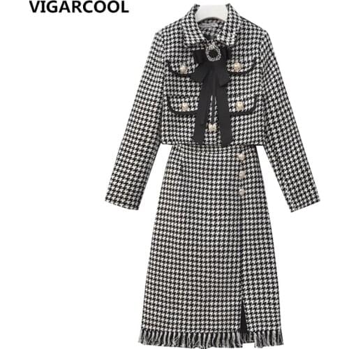 High-quality small fragrant Skirt Suit Female Temperament houndstooth short Coat + High waist mid-length Skirt Two-piece Female